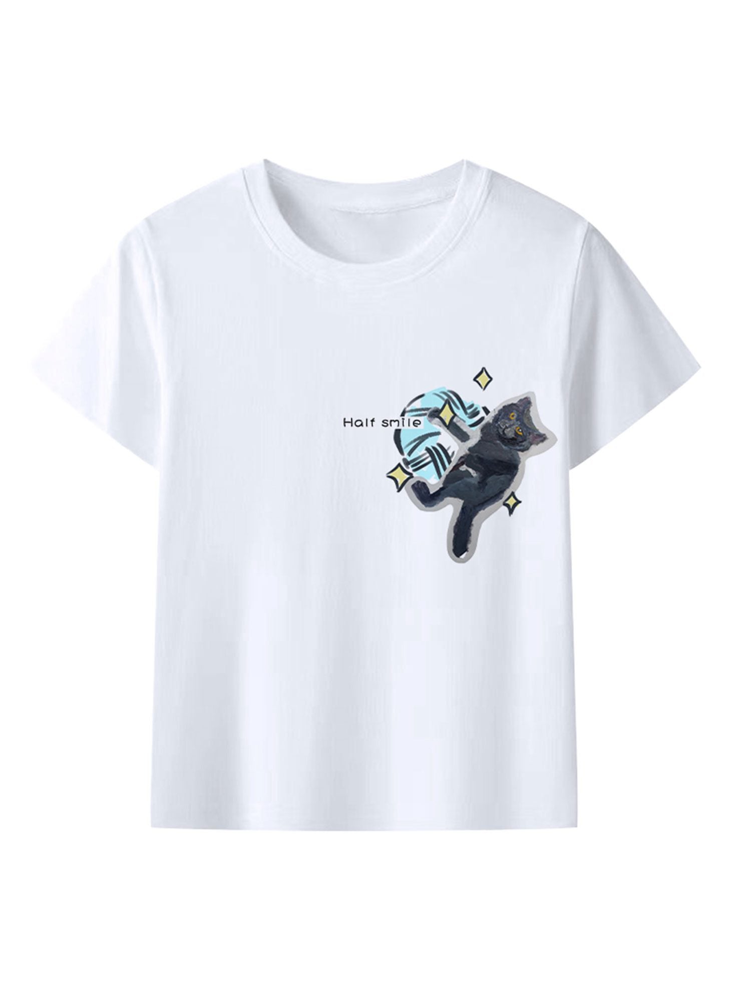 Cat Print White Crewneck T-Shirt